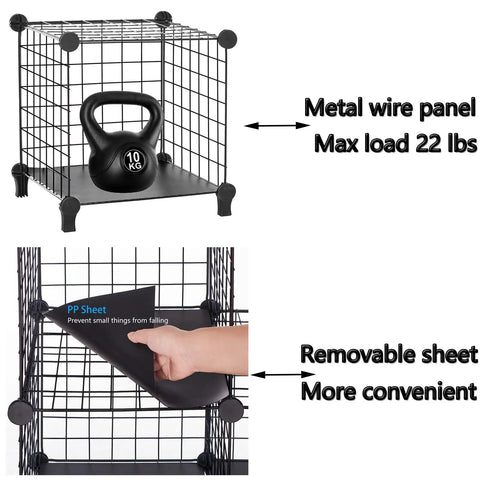 12 Cube Metal Wire Storage Organizer With Stackable Grid Shelves Dope Modern Industrial C Grid Panels, single cube with 10kg kettlebell, removable sheet highlighted