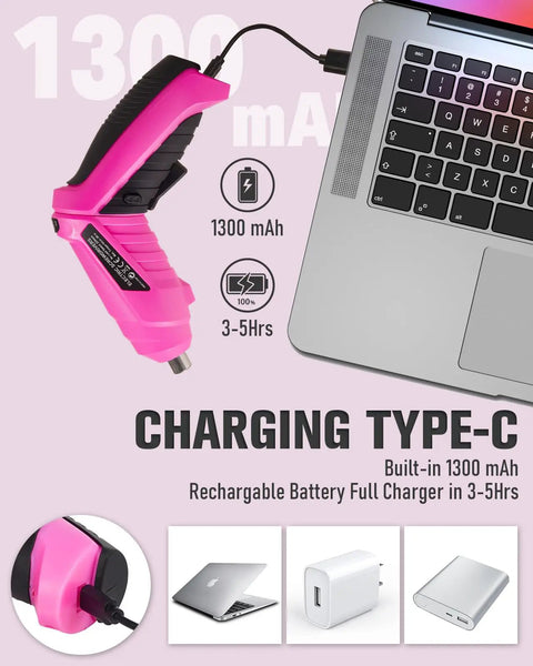 Cordless Electric Screwdriver Set With LED Light And Flexible Shaft charging via laptop USB-C port, 1300mAh battery