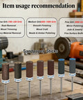 30 Piece Sanding Drums And Sandpaper Sticks Set For Dremel Rotary Tool One Eighth Inch Shank With Grits 180 To 2000 For Metal Wood Rust Removal And Polishing Includes Storage Case displayed on a workbench.