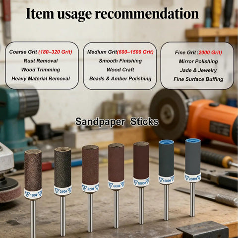 30 Piece Sanding Drums And Sandpaper Sticks Set For Dremel Rotary Tool One Eighth Inch Shank With Grits 180 To 2000 For Metal Wood Rust Removal And Polishing Includes Storage Case displayed on a workbench.