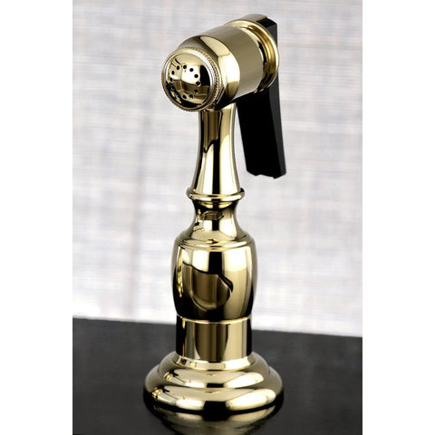 Kitchen Faucet Sprayer With Hose In Polished Brass, featuring a one-touch button control and durable construction.