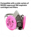 Half Facepiece Respirator Assembly Kit With P100 Filter 2091 Small Size visible with pink round filters for welding and asbestos.
