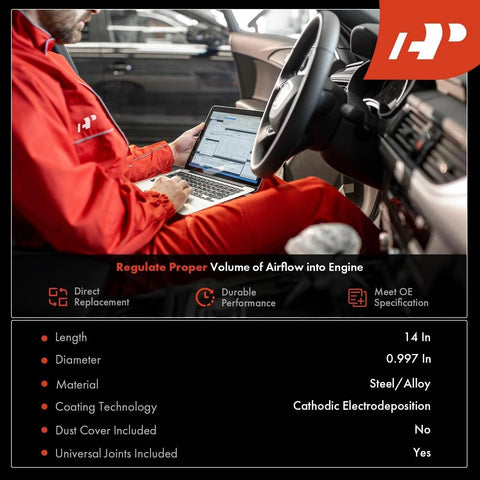 A-Premium upper intermediate steering shaft being tested inside a car; technician in red uniform using a laptop.