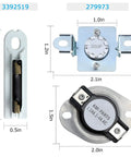 Dimensions of 3392519 fuse, 279973 thermal fuse, and thermostat from Upgraded Dryer Heating Element Kit 8544771.