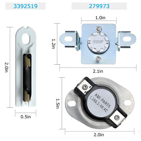 Dimensions of 3392519 fuse, 279973 thermal fuse, and thermostat from Upgraded Dryer Heating Element Kit 8544771.