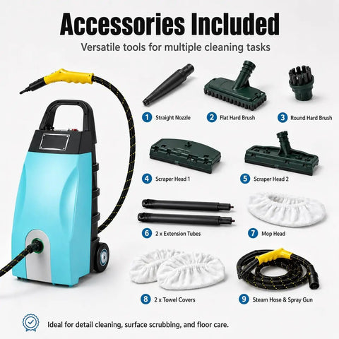 Accessories for Powerful 3000W Portable High Pressure Steam Cleaner With 3.5L Tank, including nozzles, brushes, and towels.