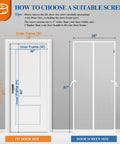 Diagram showing dimensions for fitting Hands-Free Magnetic Door Screen for 36x80 inch doors, tear-resistant high-density fiber mesh.