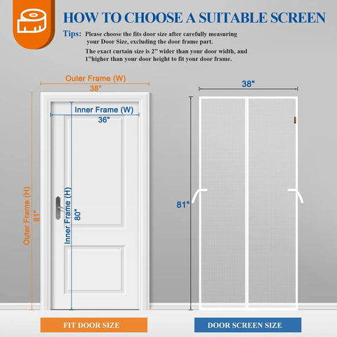 Diagram showing dimensions for fitting Hands-Free Magnetic Door Screen for 36x80 inch doors, tear-resistant high-density fiber mesh.