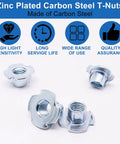 Zinc plated carbon steel T-nuts with four-prong design shown from different angles on light background.