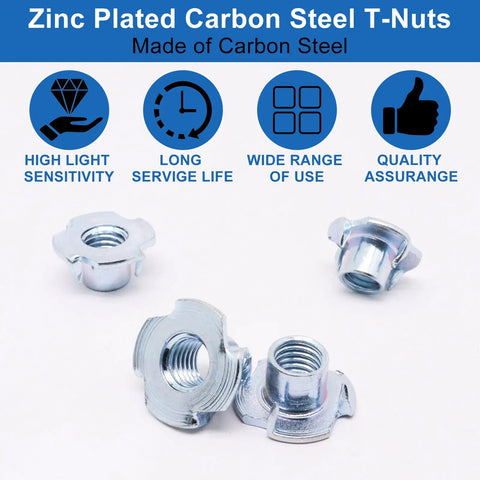 Zinc plated carbon steel T-nuts with four-prong design shown from different angles on light background.