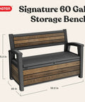 60 Gallon Storage Bench Deck Box For Patio And Outdoor Hangouts In Walnut Finish, Weatherproof Resin Chest with dimensions