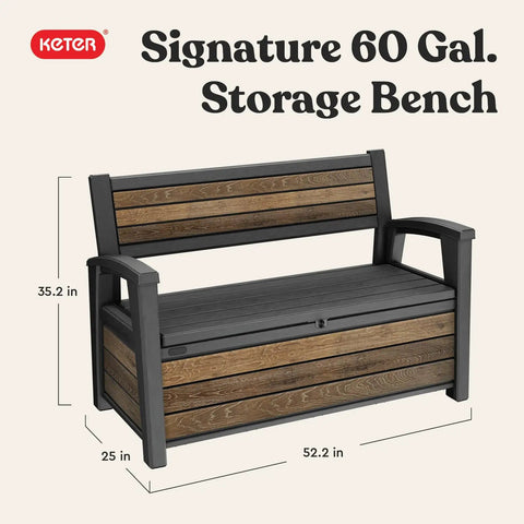 60 Gallon Storage Bench Deck Box For Patio And Outdoor Hangouts In Walnut Finish, Weatherproof Resin Chest with dimensions