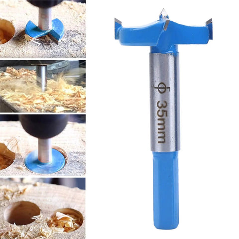 Concealed Hinge Jig 35mm Drilling Guide For Frameless Cabinets And Wardrobes, Adjustable Pressure Plate Quick Clamp, Aluminum Alloy Cabinet Door Hole Locator For Precise Hinge Alignment And Easy Installation shown in use with wood shavings and drill bit