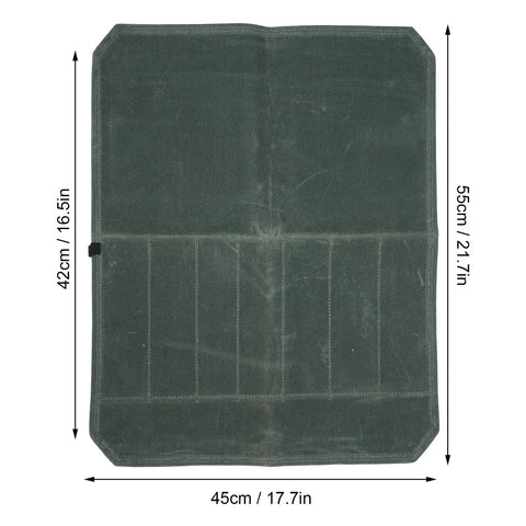 Open waxed canvas knife roll bag with seven slots, dimensions labeled, for Portable Cutlery Roll Case and Travel Organizer, Green.