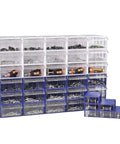 Clear Storage Organizer Box With Dividers And Labels For Craft Supplies Hardware Beads Nuts And Bolts Compact Durable Small Parts Container See Through Shell For Easy Visibility And Quick Access Grab And Go. Stack of blue and clear plastic drawer bins for hardware storage