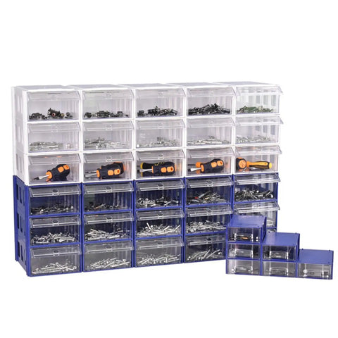 Clear Storage Organizer Box With Dividers And Labels For Craft Supplies Hardware Beads Nuts And Bolts Compact Durable Small Parts Container See Through Shell For Easy Visibility And Quick Access Grab And Go. Stack of blue and clear plastic drawer bins for hardware storage