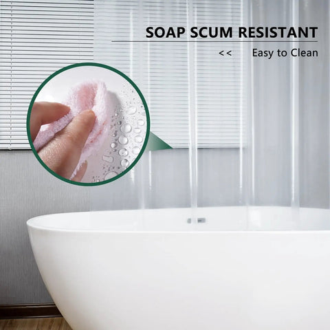 Clear Extra Long Shower Curtain Liner 72 By 96 Inches Lightweight EVA 4G Plastic Bath Liner With Rustproof Metal Grommets And 5 Magnets shown in use with a modern bathtub.