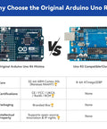Comparison of Ultimate Sensor Kit For Arduino Uno R4 Minima and Uno R3 board features and benefits overview.
