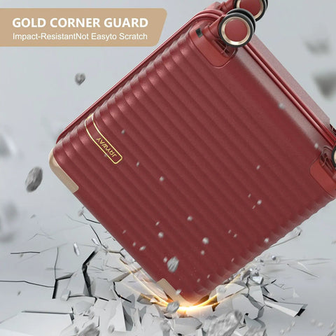 Red 18-inch carry-on luggage with gold corner guard, removable spinner wheels, and TSA lock shown mid-motion over cracked surface.