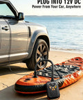 Electric Paddle Board Pump With Dual Stage Inflation 20 PSI High Pressure Rechargeable SUP Pump next to car and paddle board