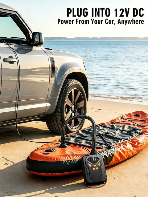 Electric Paddle Board Pump With Dual Stage Inflation 20 PSI High Pressure Rechargeable SUP Pump next to car and paddle board