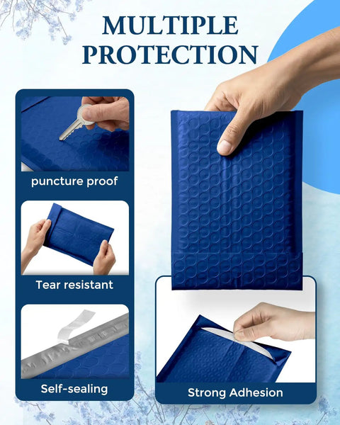 Multiple protection features of Blue 4x8 Bubble Mailers 100 Pack Self Seal Padded Envelopes Usable 4x7 Inner Size No Nonsense For Shipping.