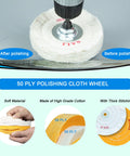 4 Pack 6 Inch Buffing Wheels Set For Bench Grinder Polisher With 2 Yellow 50 Ply Cotton Wheels in use demonstrating polishing effect