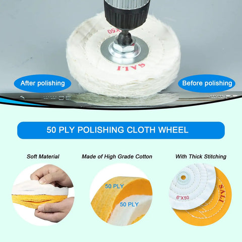 Six Pack 4 Inch White Cotton Buffing Wheels, 50 Ply, 1/2 Inch Arbor, showcasing before and after polishing effect, bench grinder buffer