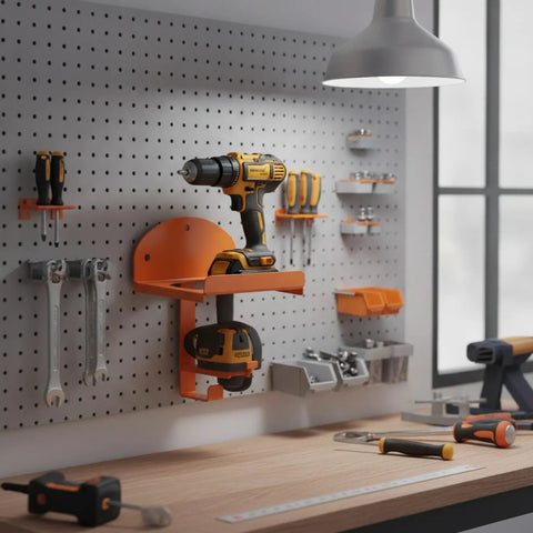 Wall Mounted Tool Rack For Garage And Workshop, Heavy Duty Vertical Iron Organizer holding drill on a pegboard in a well-lit workspace
