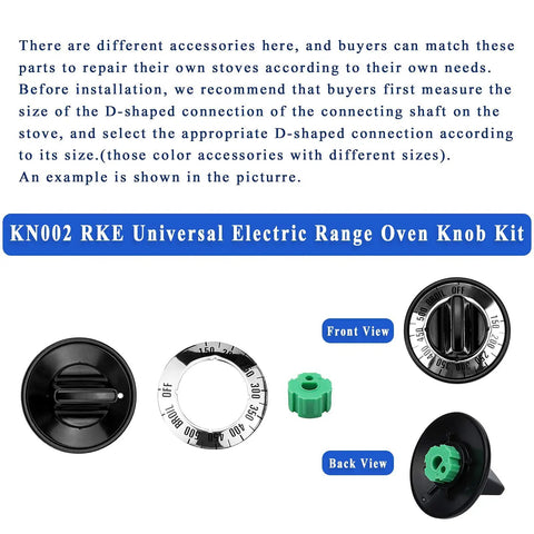 KN002 RKE Universal Electric Range Knob Kit Replacement with front and back views showing black knobs and adapter inserts