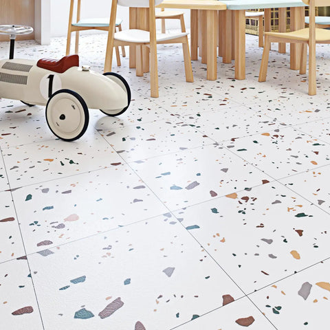 Kids playroom with Terrazzo Peel And Stick Floor Tiles 12x12 Inch 32 Pack Waterproof Vinyl Sheet Flooring For Bathroom And Kitchen visible.