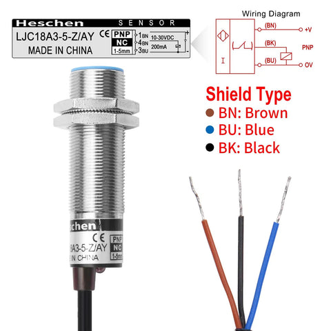 No Nonsense M18 Shielded Capacitive Proximity Sensor Switch LJC18A3-5-Z/AY 5mm Detection 10 30V DC 200mA Output PNP Normally Closed 3 Wire Blue Housing Dielectric Object Sensor For Easy Mounting, threaded sensor with 3-wire leads