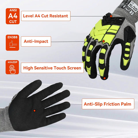 Heavy Duty Work Gloves for Men and Women, Cut Resistant Non Slip Nitrile Grip, Impact Protection, Touch Screen Compatible, ANSI Level 4