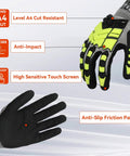 Heavy Duty Impact Resistant Work Gloves For Guys And Gals With Nitrile Grip, Cut Resistant, Non Slip, Touch Screen Compatible, ANSI Level 4 Protection For Gardening, Construction, And Mechanics, X Large, featuring anti-slip palm and touch screen tips.