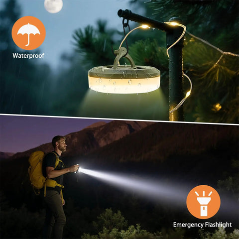 4 In 1 USB Rechargeable Camping String Lights With 8 Modes, waterproof feature and emergency flashlight in outdoor setting