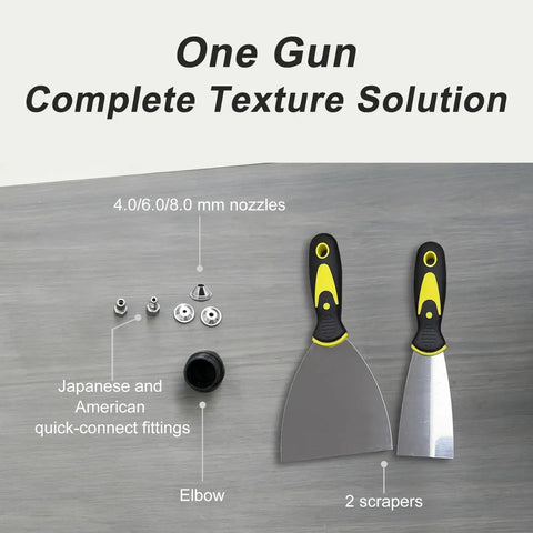 Top Shelf Texture Paint Sprayer With One Point Five Gallon Hopper And Three Quick Swap Nozzles For Knockdown Popcorn Orange Peel Wall Ceiling Patch Work Includes Hardcore Elbow Hose, including 4 nozzles and 2 scrapers.