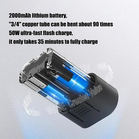 Saditesdk Electric Pipe Bender For Copper Tubes Fast 90 Degree Bend Tool lithium battery shown with clear casing and specs on charging.