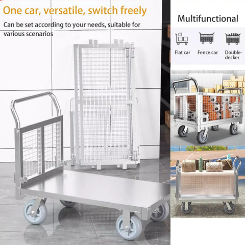 Heavy Duty Fold Flat Platform Cart With Reinforced Cage, flatbed design, measures 39.3 x 23.6 x 33.8 inches for easy hauling.