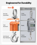 Comparison of Beast Of A Digital Crane Scale with 4400 lbs capacity and typical scale, highlighting assembly and material.