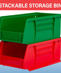 Stackable Plastic Storage Bins for Garage Pantry and Craft Organization, Space Saving 7 By 4 By 3 Inch Red Bins 24 Pack Holds Up To 10 Pounds Heavy Duty Organizer Durable Stackable Bins, green and red bins stacked.