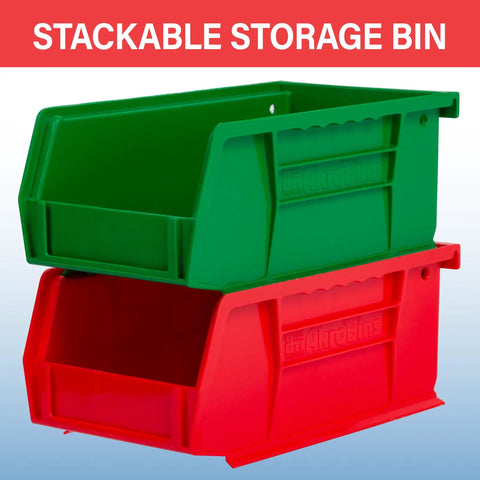 Front view of red and green stackable plastic storage bins, ideal for garage, pantry, craft room. Focus: Go-To Stackable Plastic Storage Bins