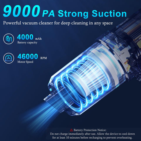 Illustration showing 9000Pa suction and features of Handheld Car Vacuum Cleaner With 9000Pa Suction, 120W High Power, LED Light, And Multi Nozzles For Car Home Office Pet, Rechargeable 4000mAh Battery, Fast Charge, Portable Dust Eraser And Air Duster.