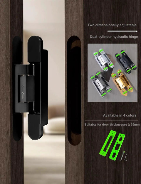 Rock Solid Hydraulic Invisible Door Hinges With Silent Close Mechanism Smooth Riding Zinc Alloy Cabinet Fittings No Sweat Installation Black Pair Heavy Duty Grade installed in wooden door grooves.