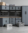 16 Piece Garage Storage Cabinet System with Corner Cabinets, Workbenches, and Pegboard in metal in a home garage.