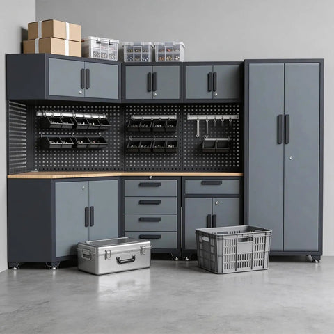 16 Piece Garage Storage Cabinet System with Corner Cabinets, Workbenches, and Pegboard in metal in a home garage.