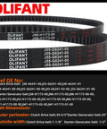 Starter Drive Belt Kit For Golf Cart Clutches And Starter Generator Belts Fits G2 G5 G8 G9 G11 G14 G16 G20 G21 G22 G23 G27 G28 And Drive G29 4 Cycle Gas Carts 2012 2016 Replacement Kit showing OLIFANT branded belts with dimensions and reference numbers.