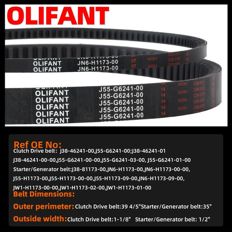 Starter Drive Belt Kit For Golf Cart Clutches And Starter Generator Belts Fits G2 G5 G8 G9 G11 G14 G16 G20 G21 G22 G23 G27 G28 And Drive G29 4 Cycle Gas Carts 2012 2016 Replacement Kit showing OLIFANT branded belts with dimensions and reference numbers.