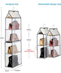 Casual Hanging Purse Organizer For Closet With Four Mesh Shelves Two Pack showcasing size and detachable design with handbags.