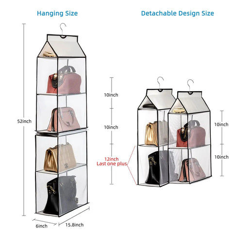Casual Hanging Purse Organizer For Closet With Four Mesh Shelves Two Pack showcasing size and detachable design with handbags.