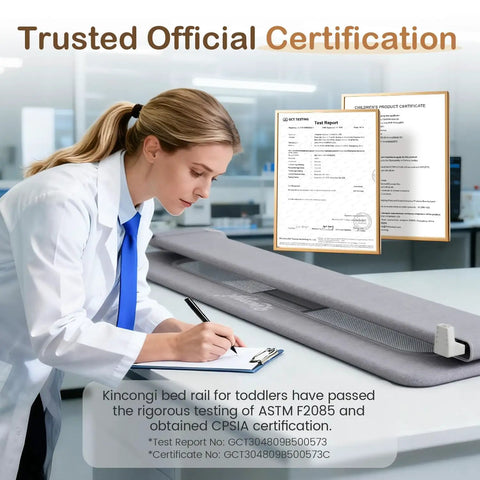 Lab technician reviewing certification documents for Ultra Sturdy 71 Inch Swing Down Toddler Bed Rail With Wide U Shaped Base